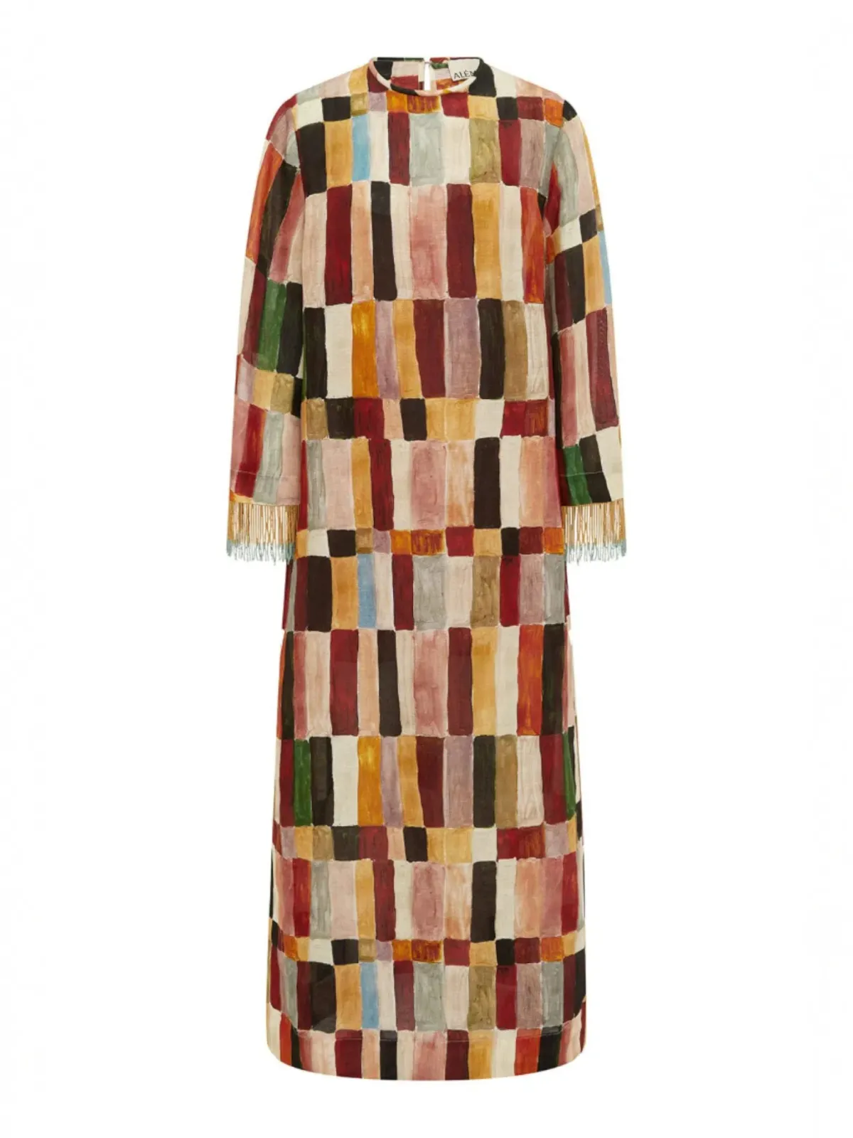Alemais Majorelle Print Dress Size 16 Linen Silk Fringed Long Sleeve Maxi Tunic - Image 3