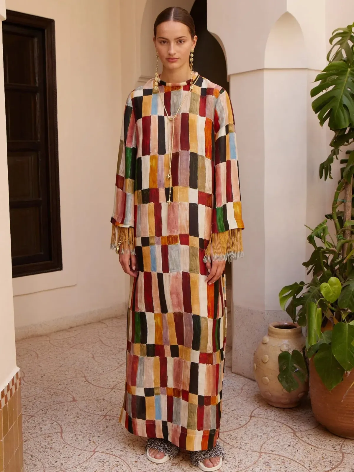Alemais Majorelle Print Dress Size 16 Linen Silk Fringed Long Sleeve Maxi Tunic - Image 1