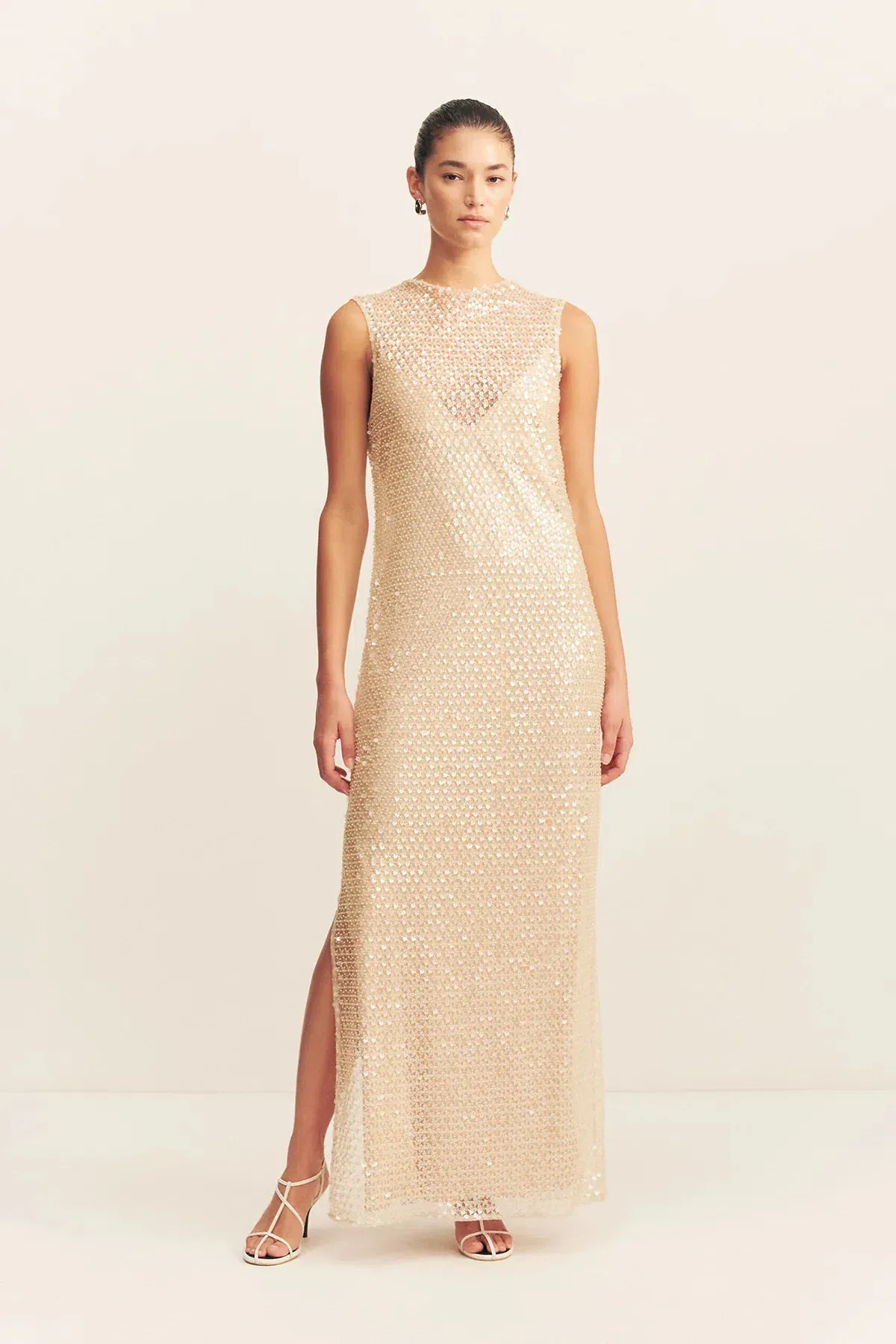 SHONA JOY EVERLY HIGH NECK SLEEVELESS MAXI DRESS MACADAMIA SIZE 14 - Image 1