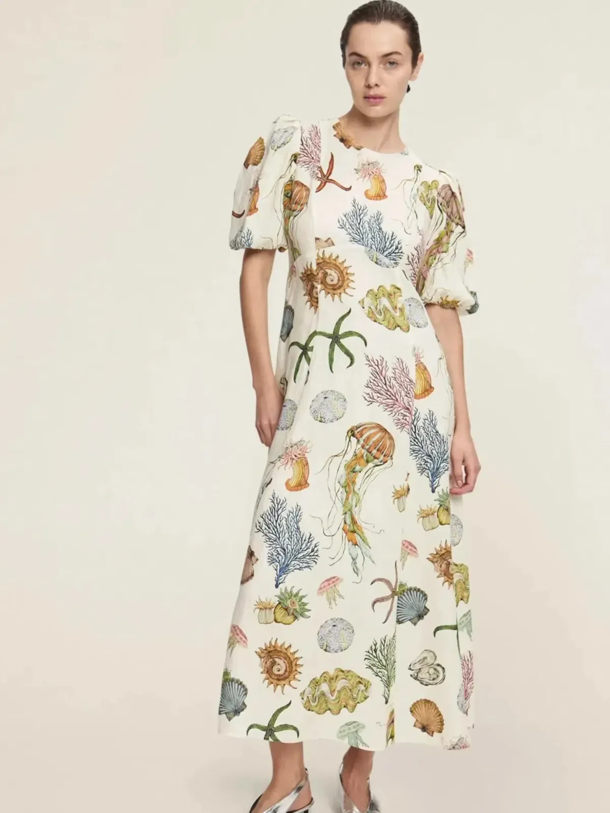 Alemais Sea Print Midi Dress Size 14 Linen Puff Sleeve Aline - Image 1