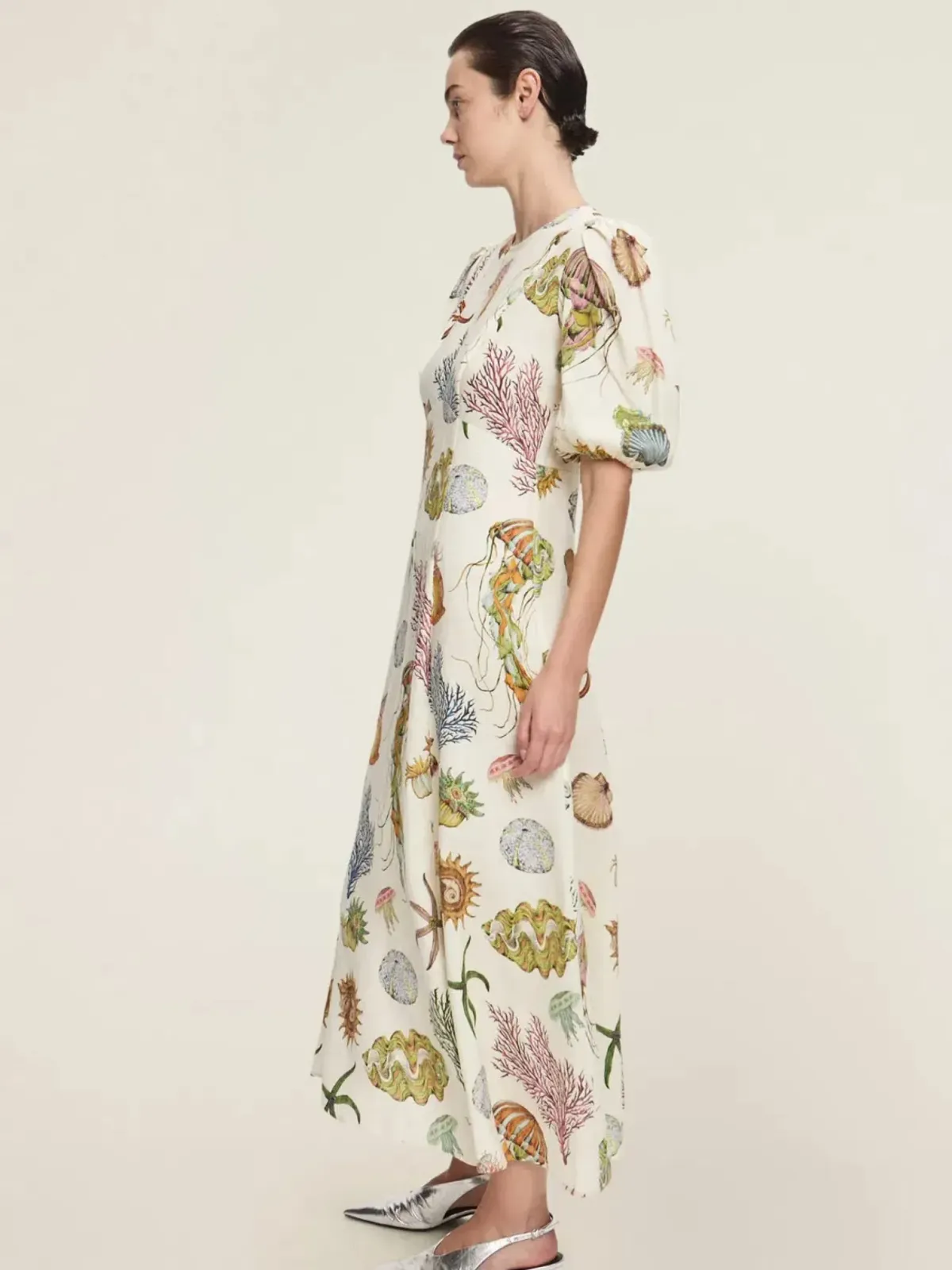 Alemais Sea Print Midi Dress Size 14 Linen Puff Sleeve Aline - Image 4