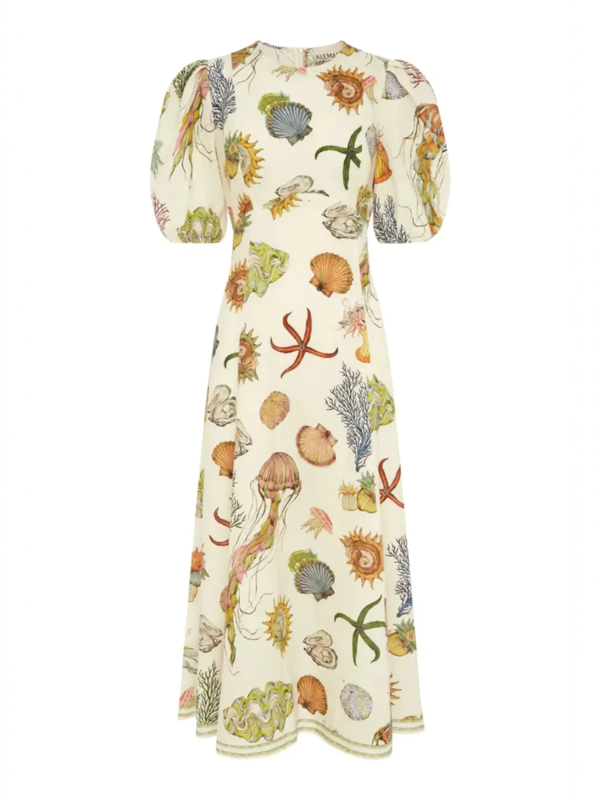 Alemais Sea Print Midi Dress Size 14 Linen Puff Sleeve Aline - Image 3