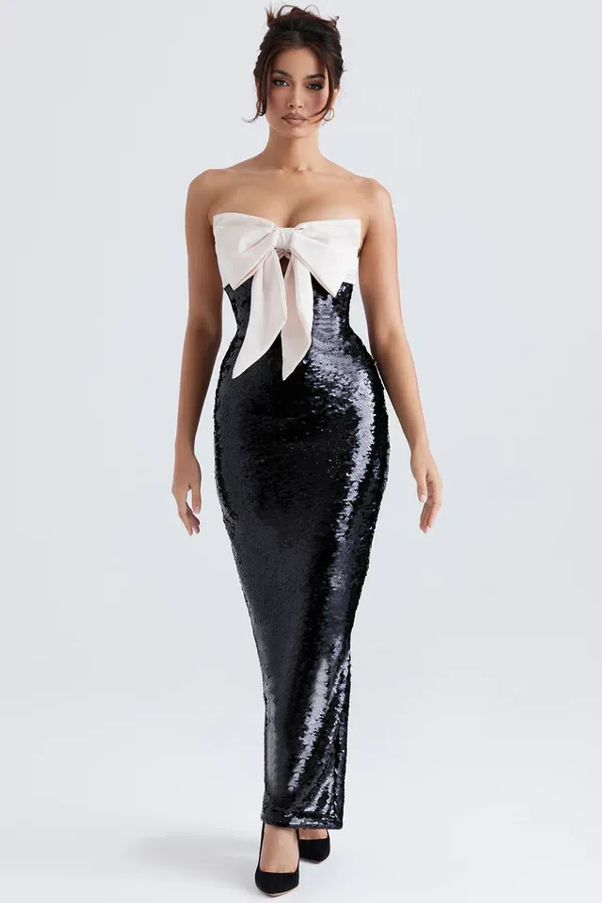 HOUSE OF CB Holly Black Sequin Strapless Bow Dress Size M - Image 1