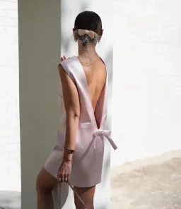 Helsa Heavy Satin Bow Backless Mini Dress Pale Pink Size S for rent on The Volte - image 14