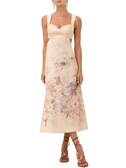 Zimmermann Illuminate Midi Dress Size 3 / AU 14 Linen Floral Print Cut Out Back Bodice Dress for rent on The Volte - image 1