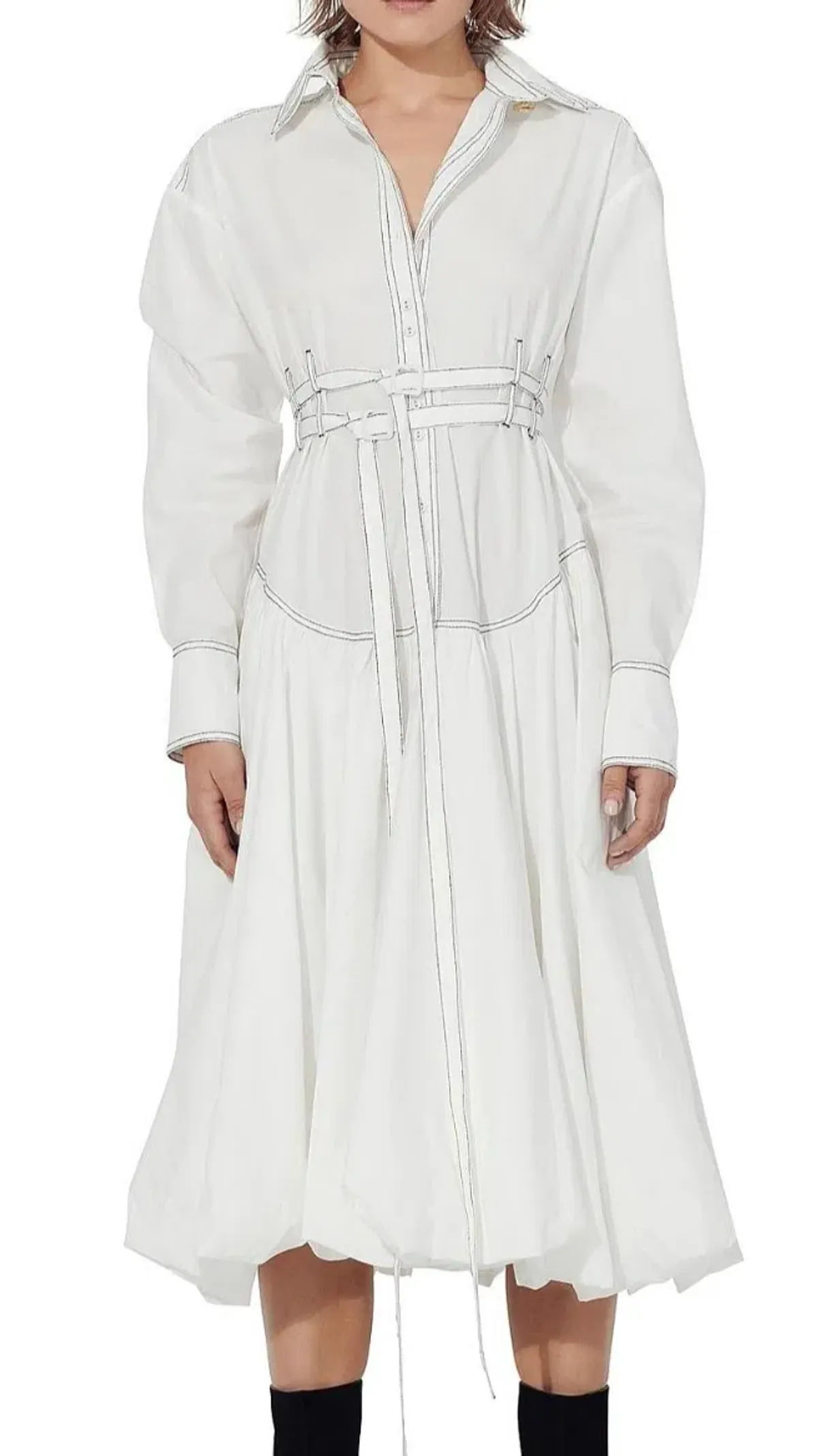 Aje Cassia Bubble White Midi Dress s.12 Hem Shirt Long Sleeve Cotton - Image 2