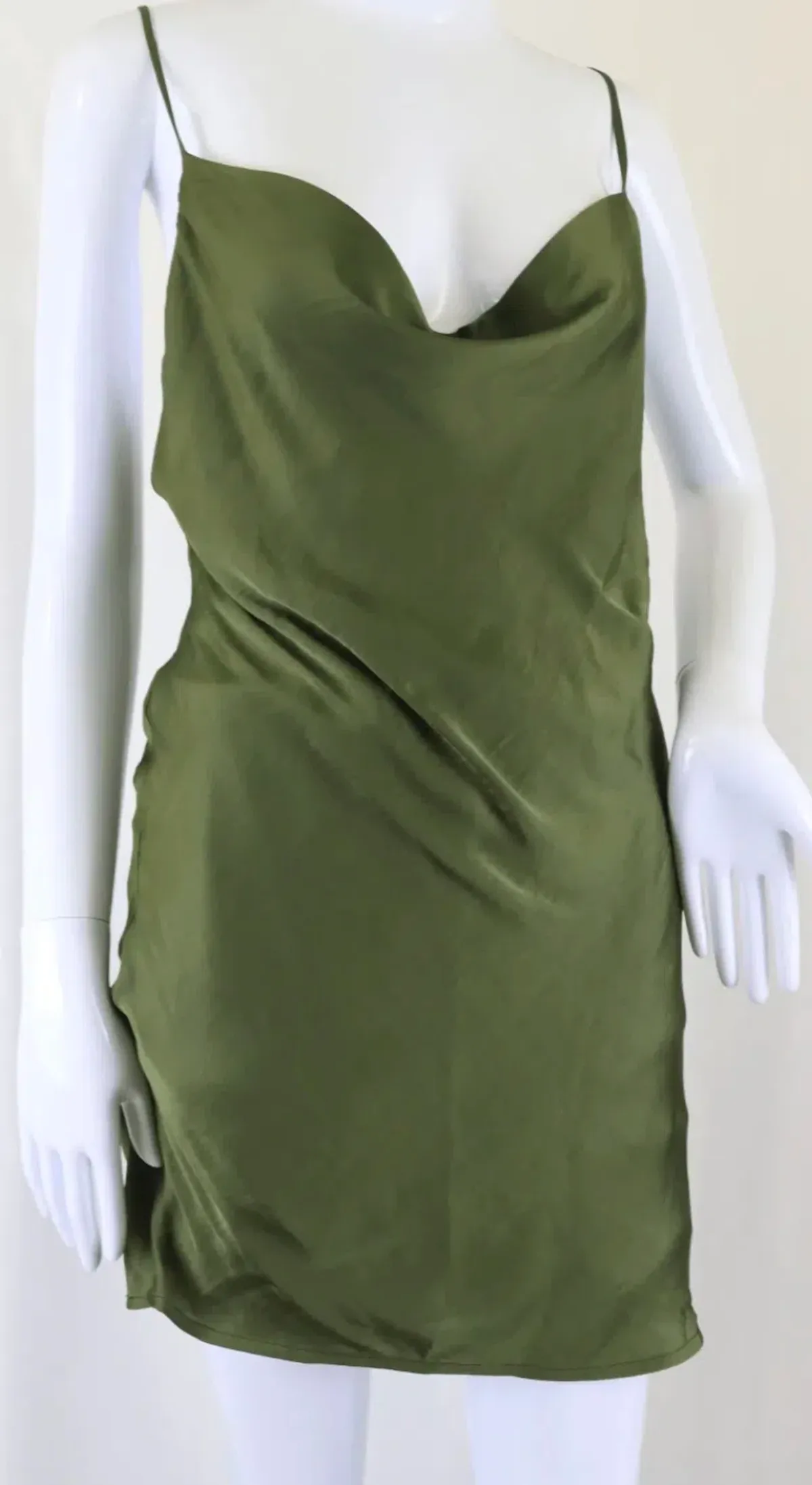 Bardot Olive Satin Slip Dress with Strappy Back – Size 8 - Image 1
