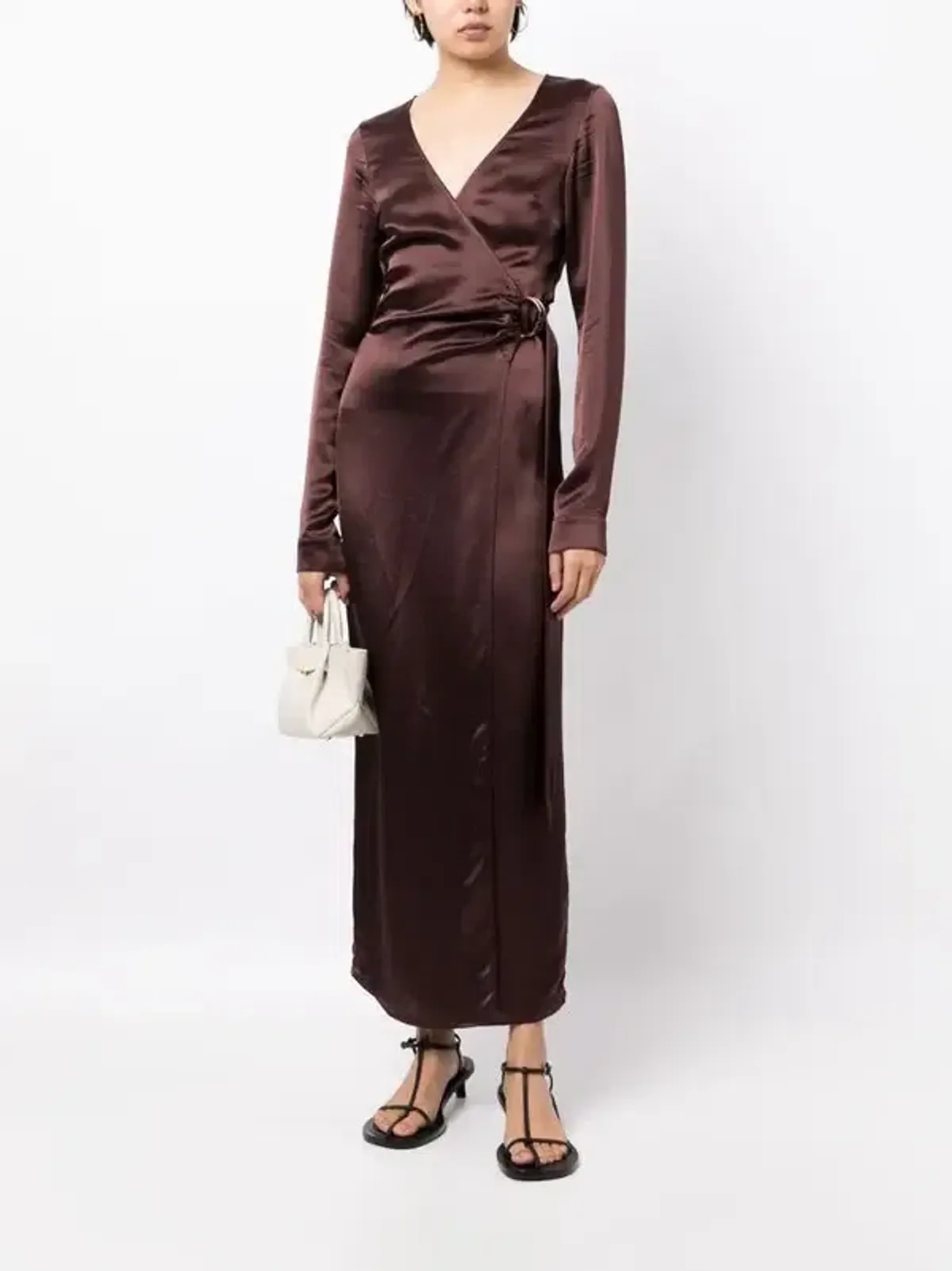 Anna Quan Chocolate Brown Satin Wrap Midi Dress AU10 - Image 2
