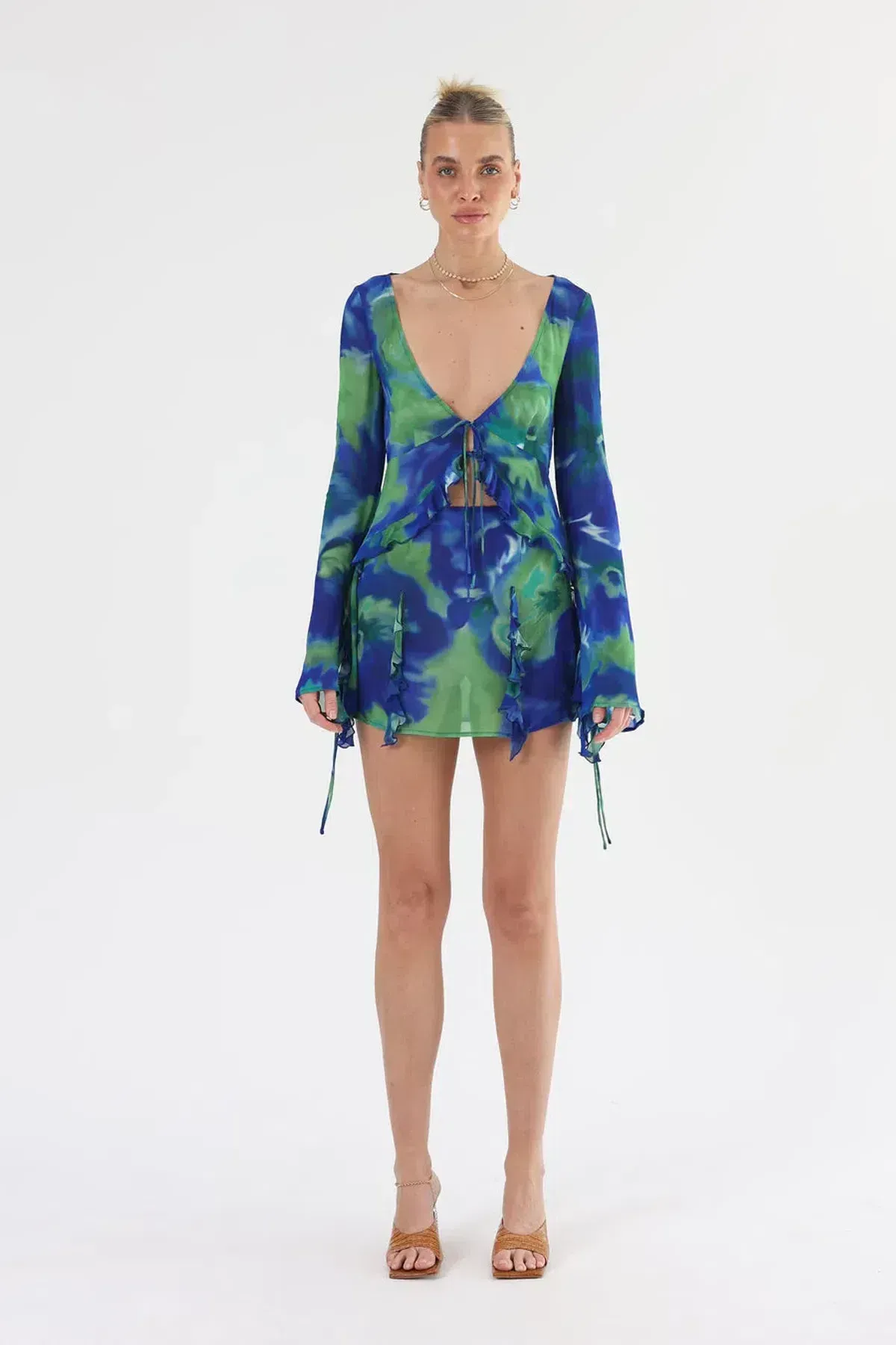 Isabelle Quinn Myla Ruffle Blouse & Ruffle Mini Skirt Size 6 Set Lime & Electric Blue - Image 1