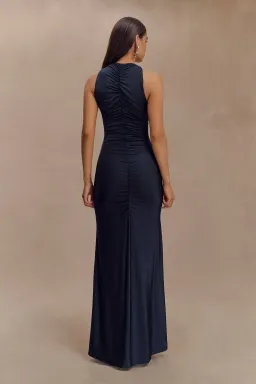Priya Slinky Ruched Halter Maxi Dress - Navy for rent on The Volte - image 2