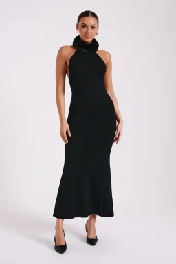 Elva Halter Knit Maxi Dress With Faux Fur - Black for rent on The Volte - image 1