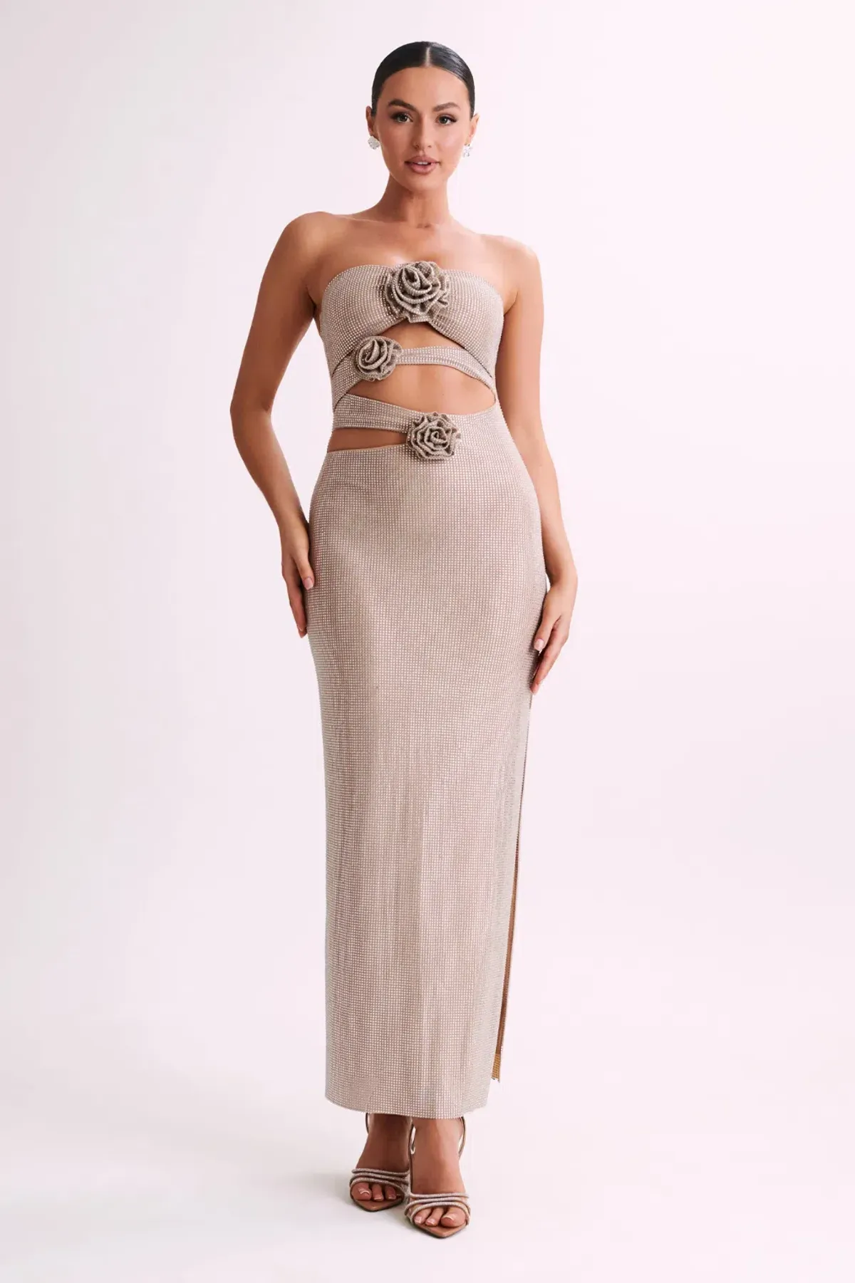Strapless Rose Diamante Maxi Dress - Nude - Image 1
