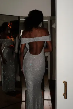 Arna Off Shoulder Diamante Maxi Dress - Silver for rent on The Volte - image 2