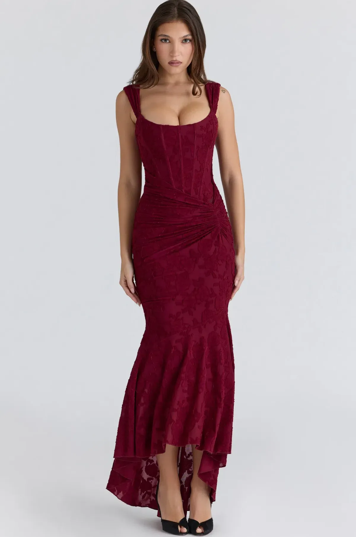 HOUSE OF CB Cesca Wine Floral Lace Corset Maxi Dress Size S - Image 1