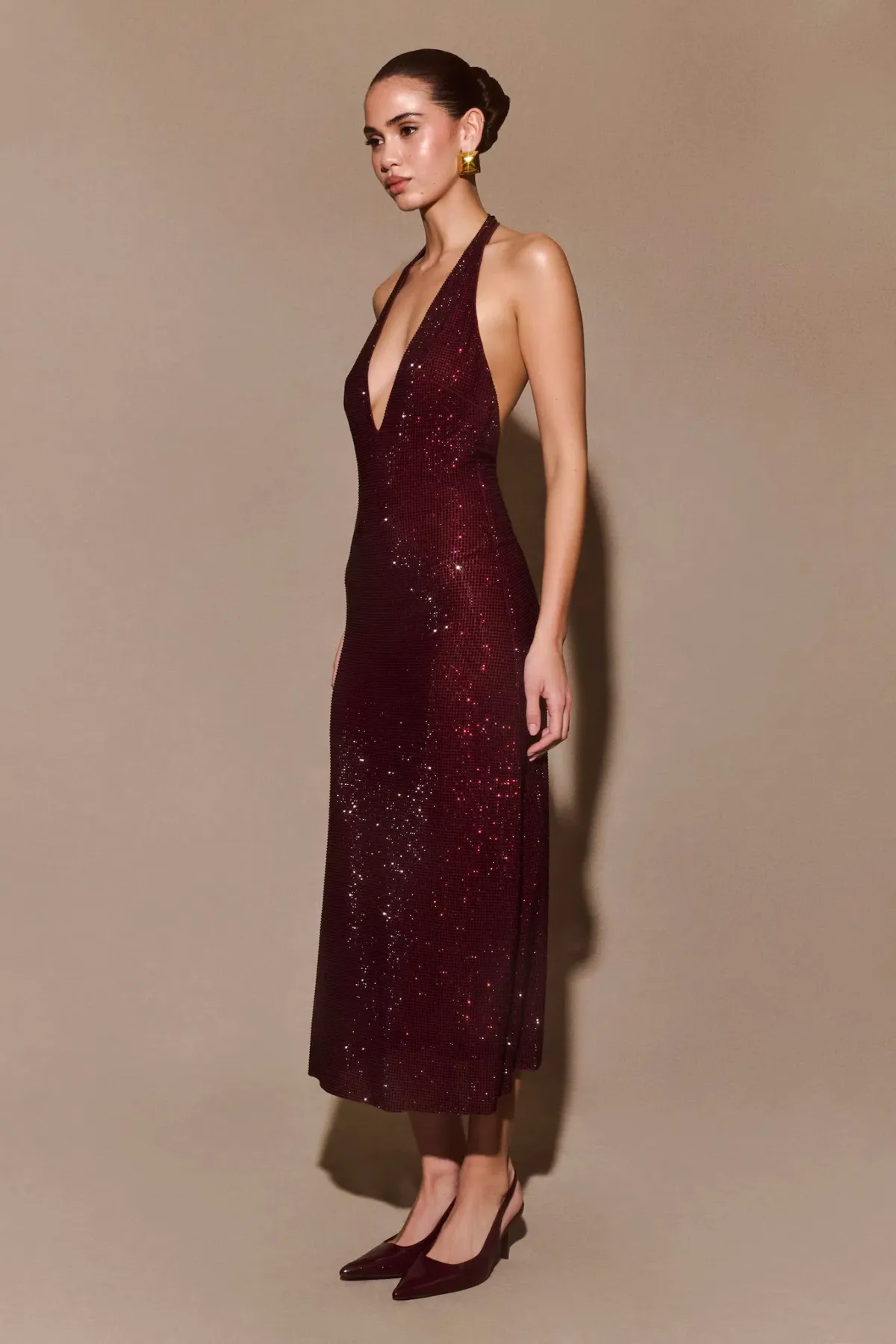 Meshki - Genie Diamante Halter Midi Dress - Mahogany - Size M - Image 3