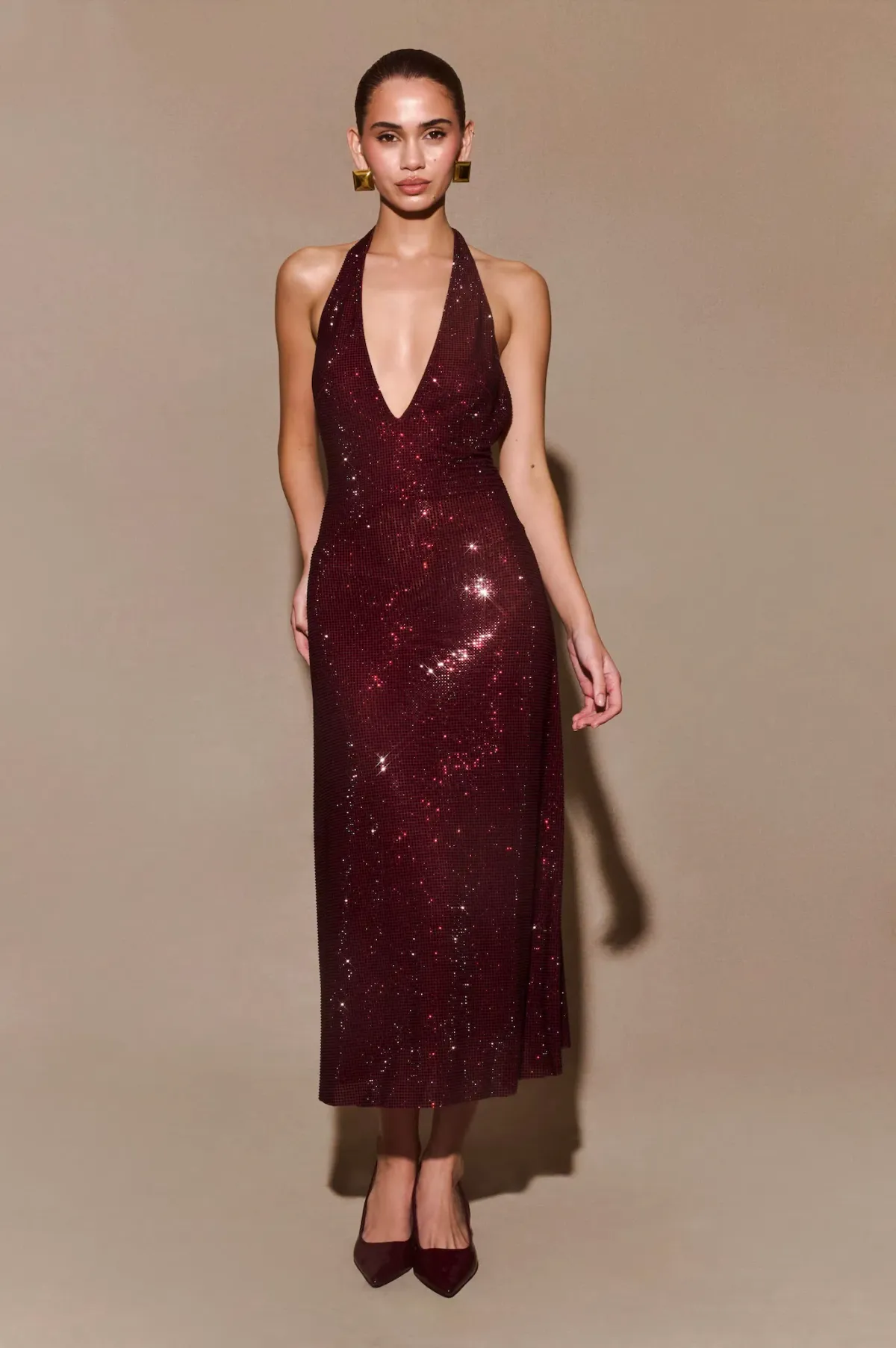 Meshki - Genie Diamante Halter Midi Dress - Mahogany - Size M - Image 1