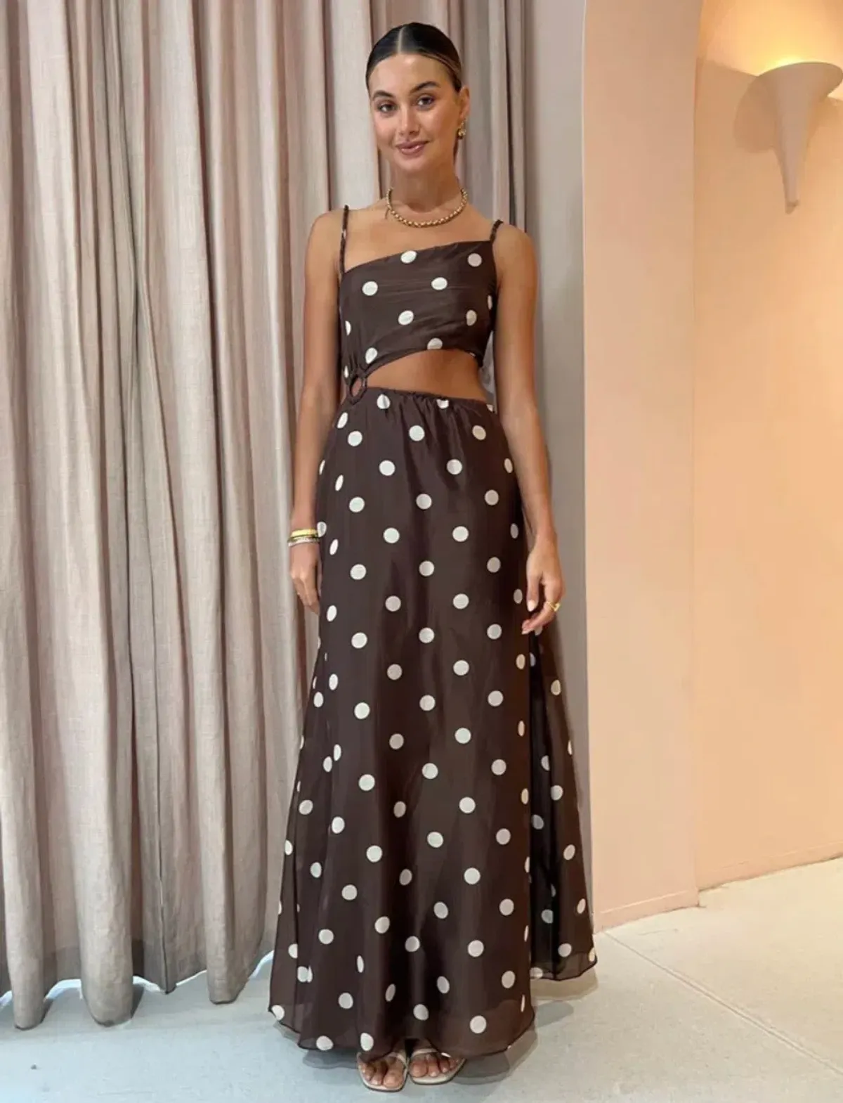 SIR Vivi Asymmetrical Cut Out Maxi Dress In Marlon Polka Dot Size 0 - Image 5
