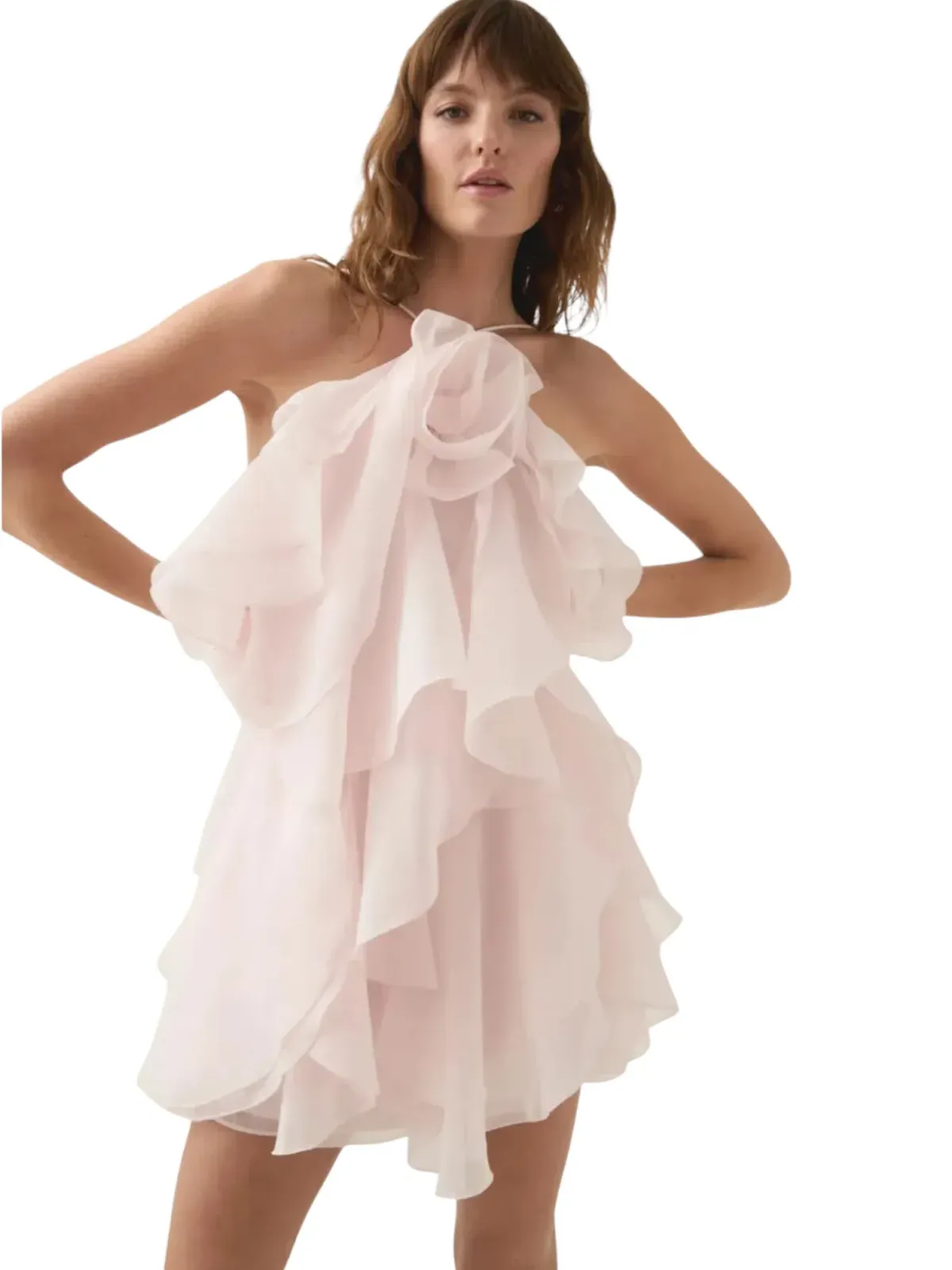 Aje Pandorea Mini Dress Size 14 Pastel Pink Layered Ruffle Strappy - Image 1
