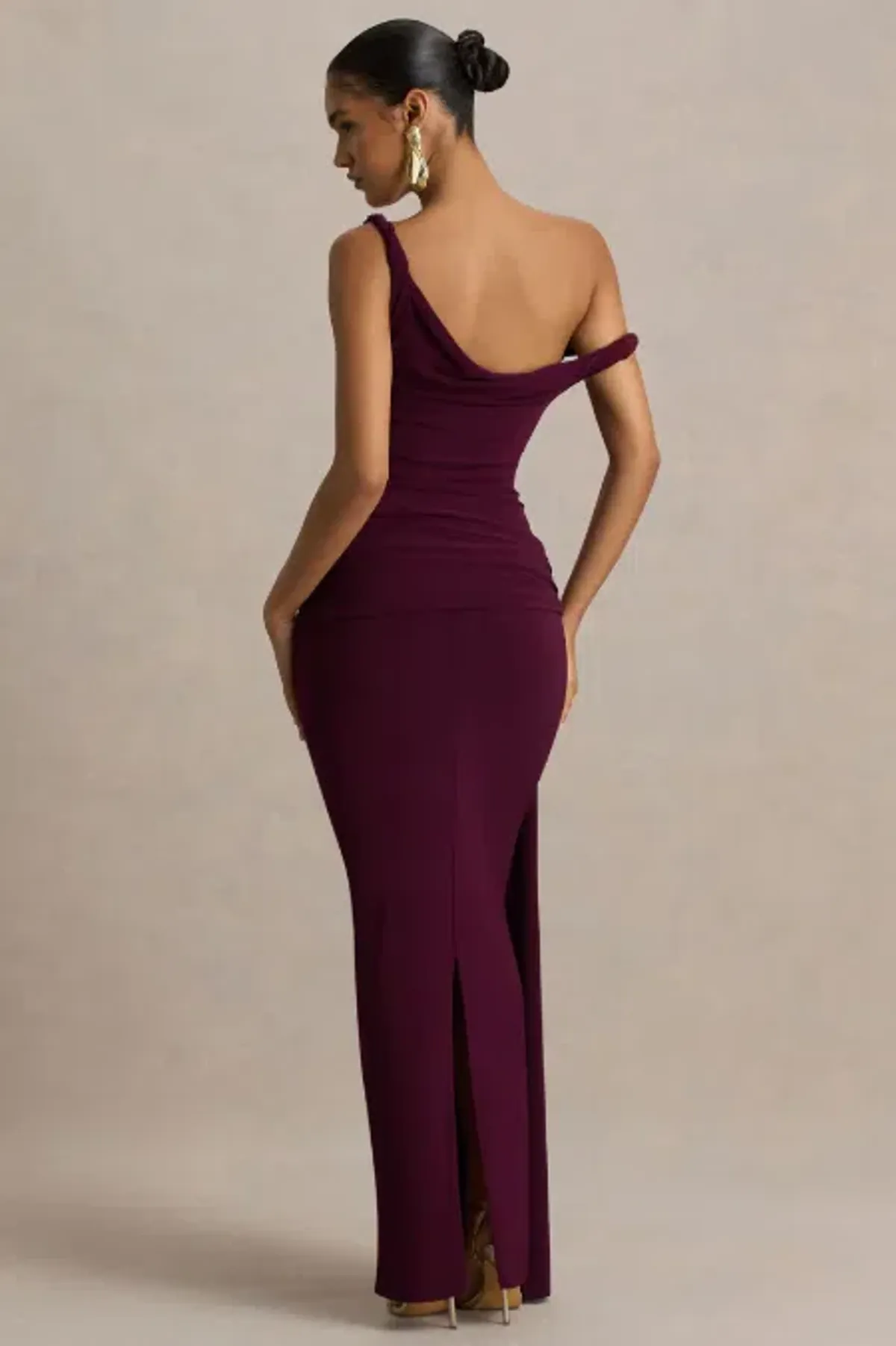 Club L London Tulisa Burgundy Asymmetric-Neck Maxi Dress With Twist Sleeves And Ruched Detailing Size 10 - Image 2