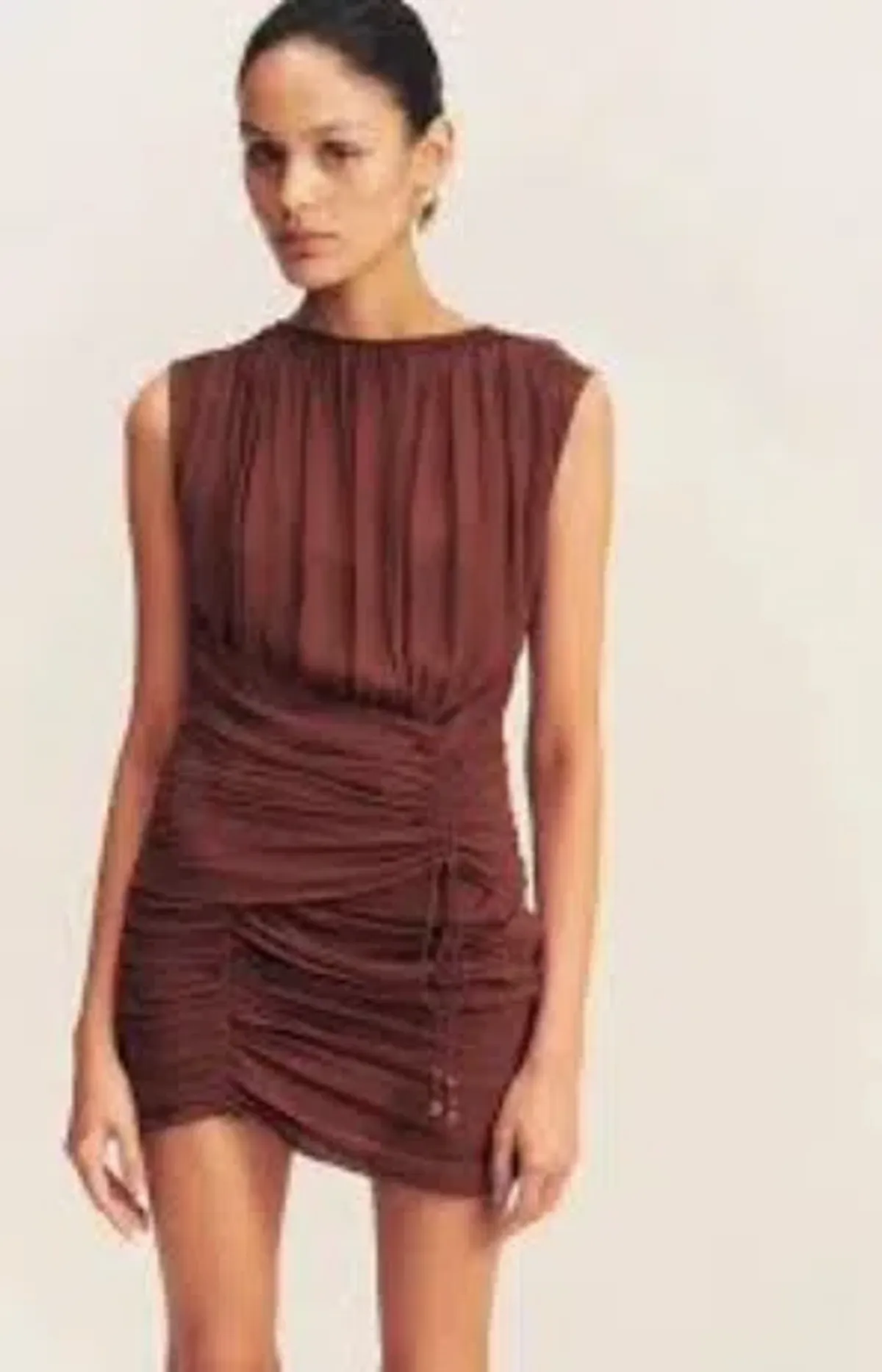 Shona Joy Blair Panelled Gathered Mini Dress in Cocoa - Image 1