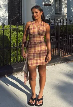 Benni Penelope Halter Mini Dress Toffee Check for rent on The Volte - image 2