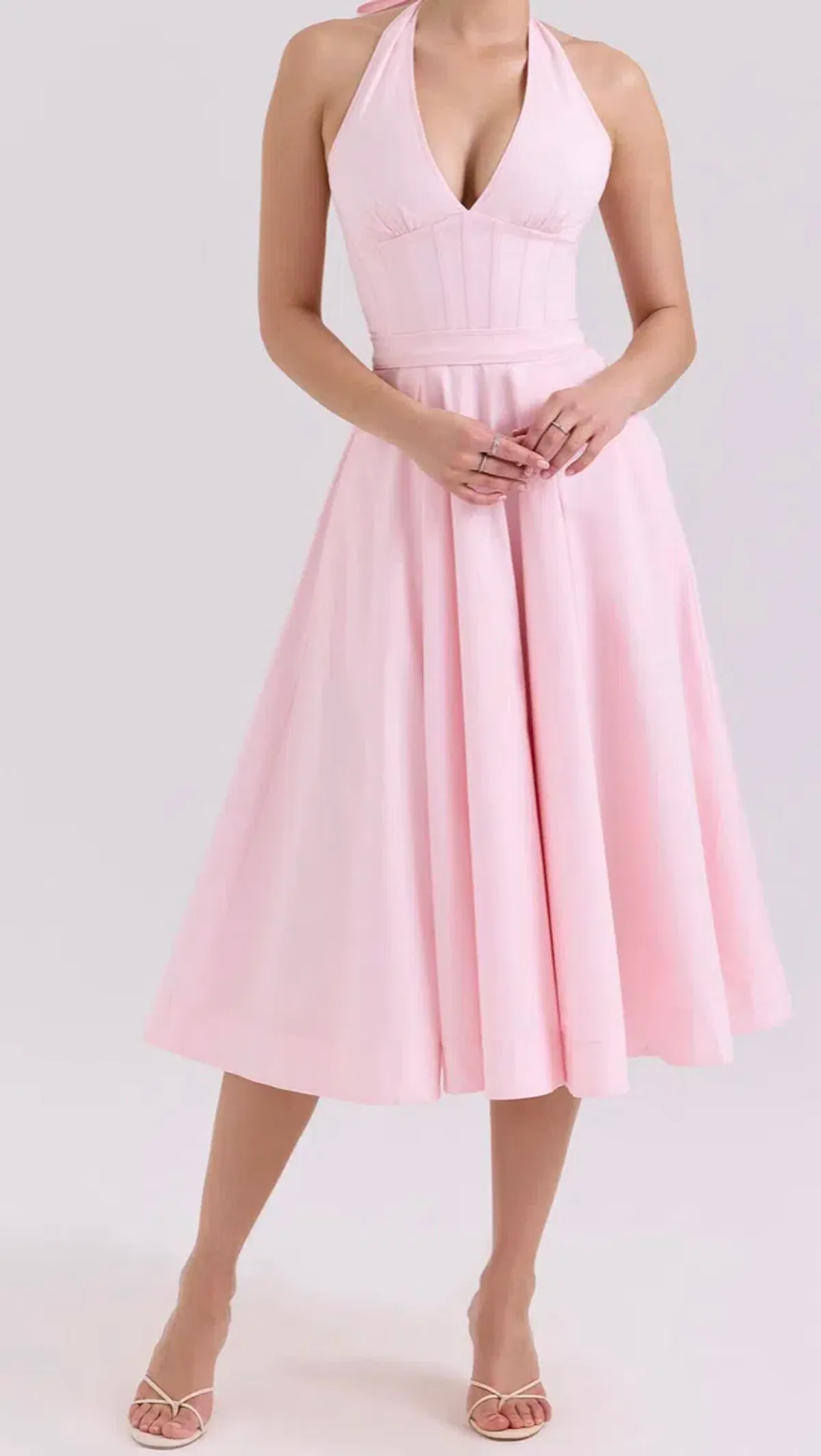 House of CB - Allen - Pink Stretch Cotton Halter Midi Sundress - Size Small, Cup A-B - Image 1