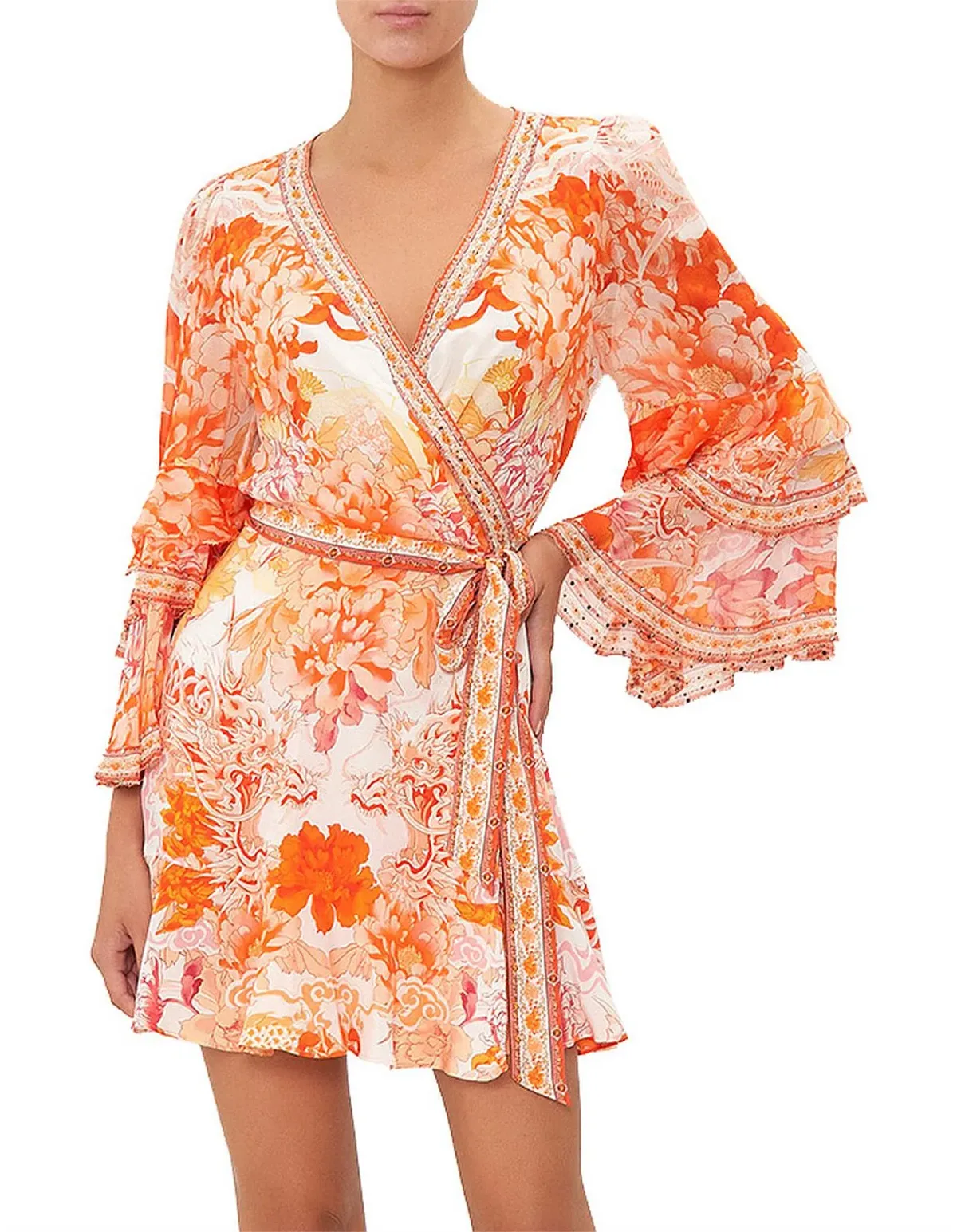 Camilla short wrap dress ruffle sleeve Dragon Mother print sz S - Image 1