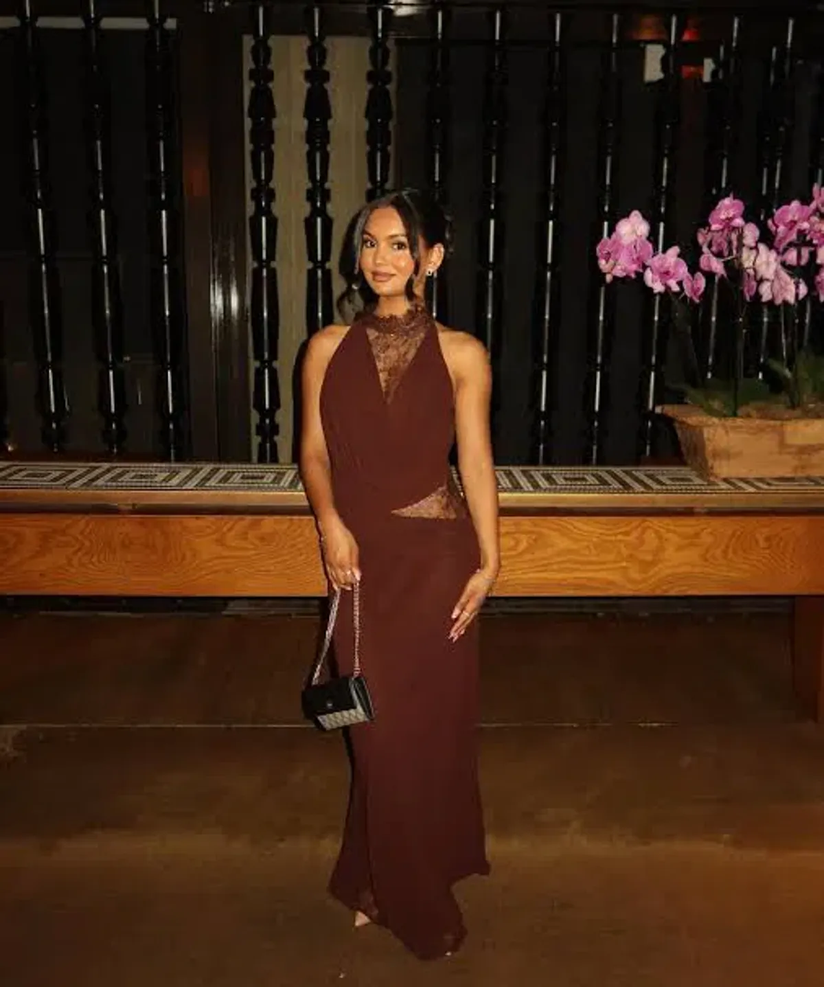Meshki Arra Chiffon And Lace Halter Maxi Dress - Cacao Brown XS - Image 2