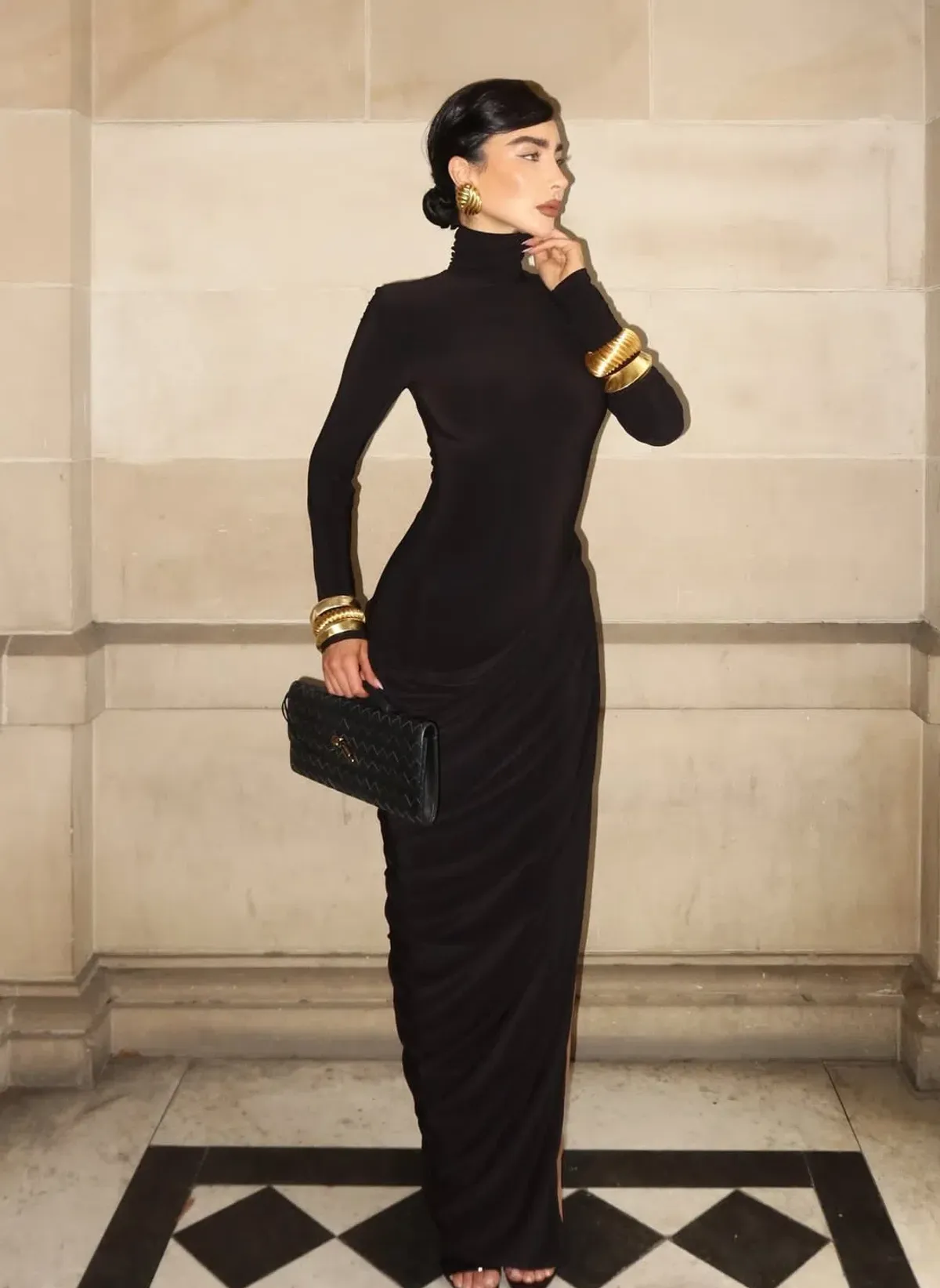 Club L London Betsy Black High-Neck Maxi Dress With Front Split And Ruched Detailing size 8 - Image 1
