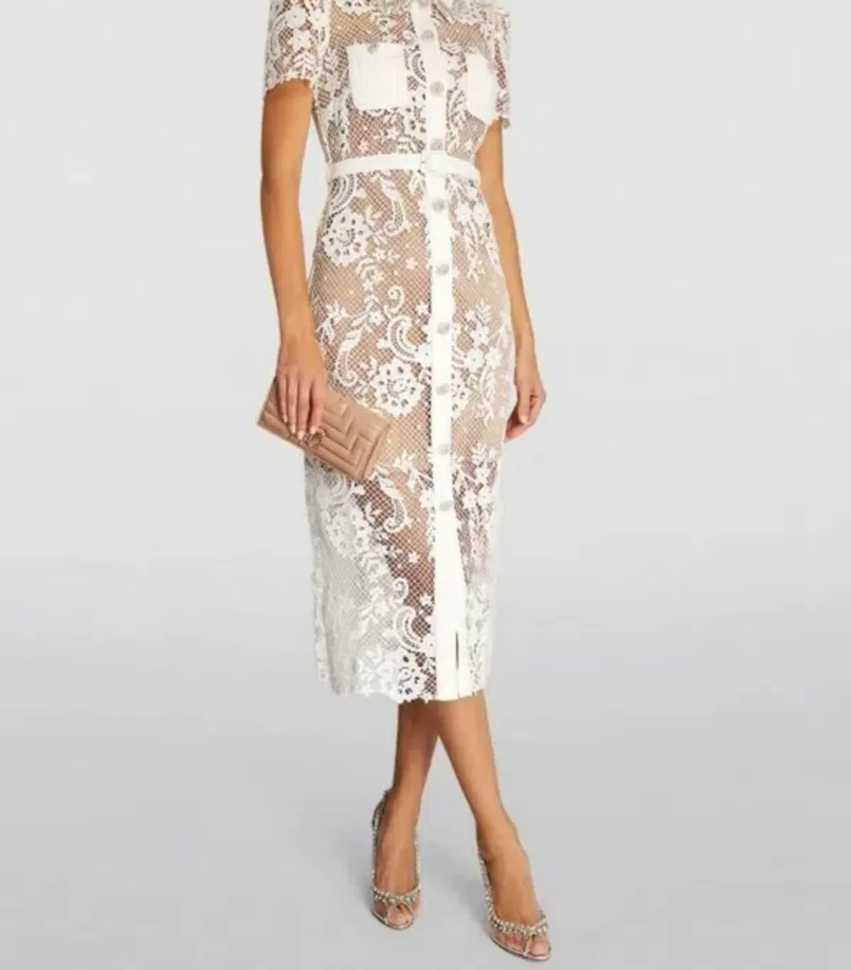 Self Portrait  White Lace Button Front Midi Dress - Image 6