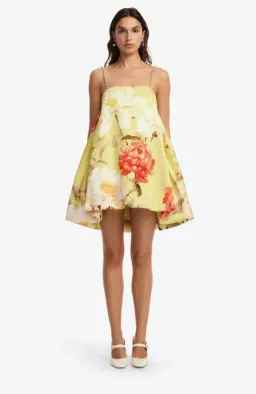 Leo Lin Pasty Embellished Puff Mini Dress Peony Print Yellow 10 for rent on The Volte - image 1