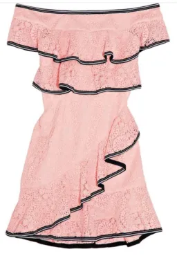 Rebecca Vallance Courtside Off-the Shoulder Ruffled Guipure Lace Mini Dress in Pink. Size 12. for rent on The Volte - image 2