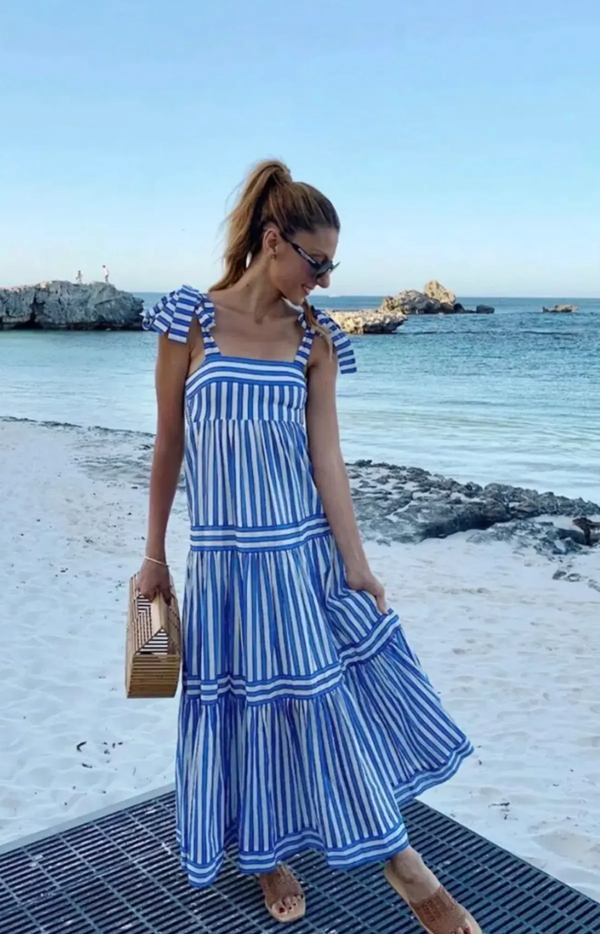 Zimmermann Verity Striped Tiered Maxi Dress in Blue Stripe Size AU12 - Image 1
