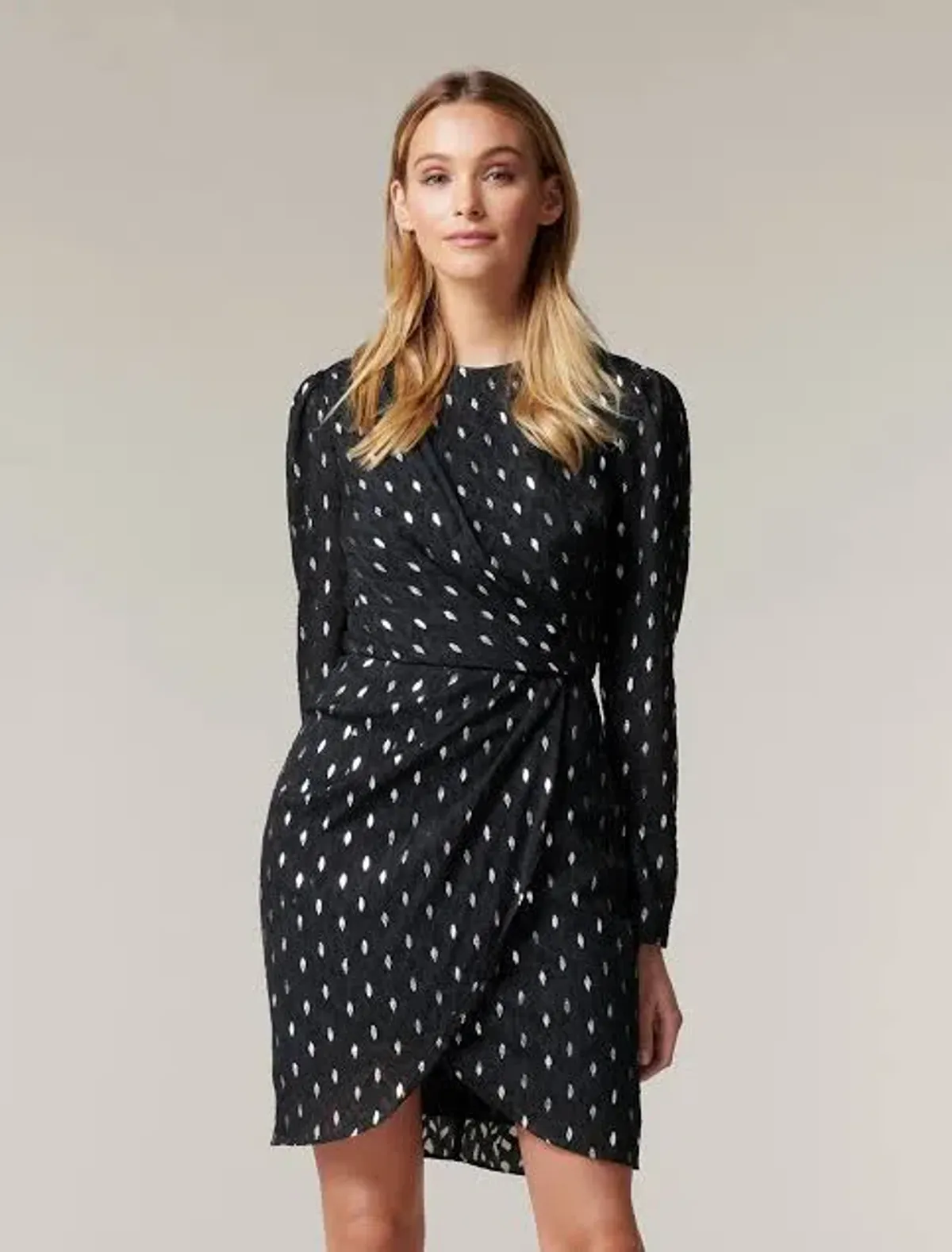 Forever New Georgia Long Sleeve Wrap Dress black and silver/ metallic - Image 1