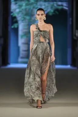 Carla Zampatti Size 12 Lindy Lee Moss Fierce Dragon Silk Button Gown for rent on The Volte - image 1