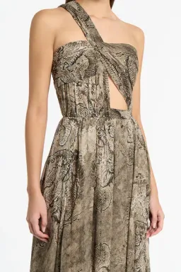 Carla Zampatti Size 12 Lindy Lee Moss Fierce Dragon Silk Button Gown for rent on The Volte - image 4