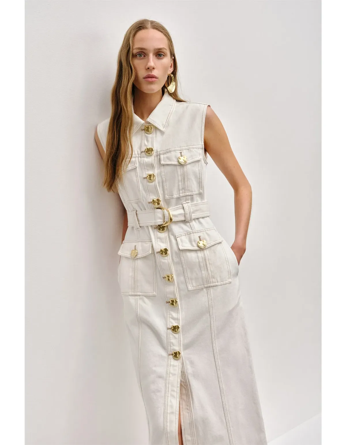 Aje Ivy Denim Midi Dress Cream Size 8 - Image 2