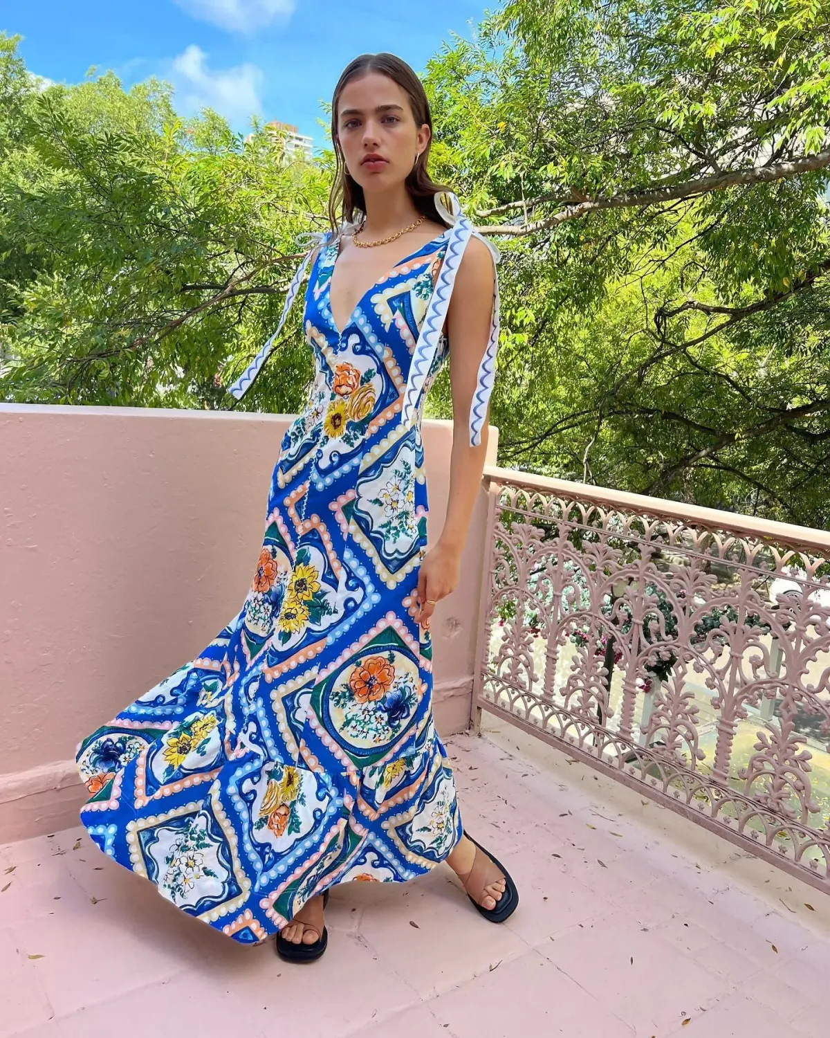 By Nicola Adoncia Tie Shoulder Maxi Dress in Azure Floral | AU 12 - Image 1