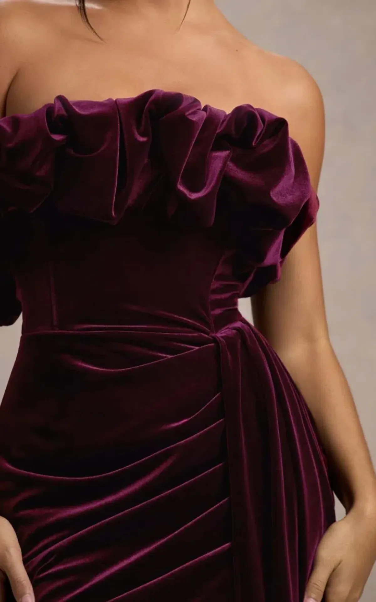Ceronne Plum Velvet Bandeau Mini Dress With Drape - Image 4