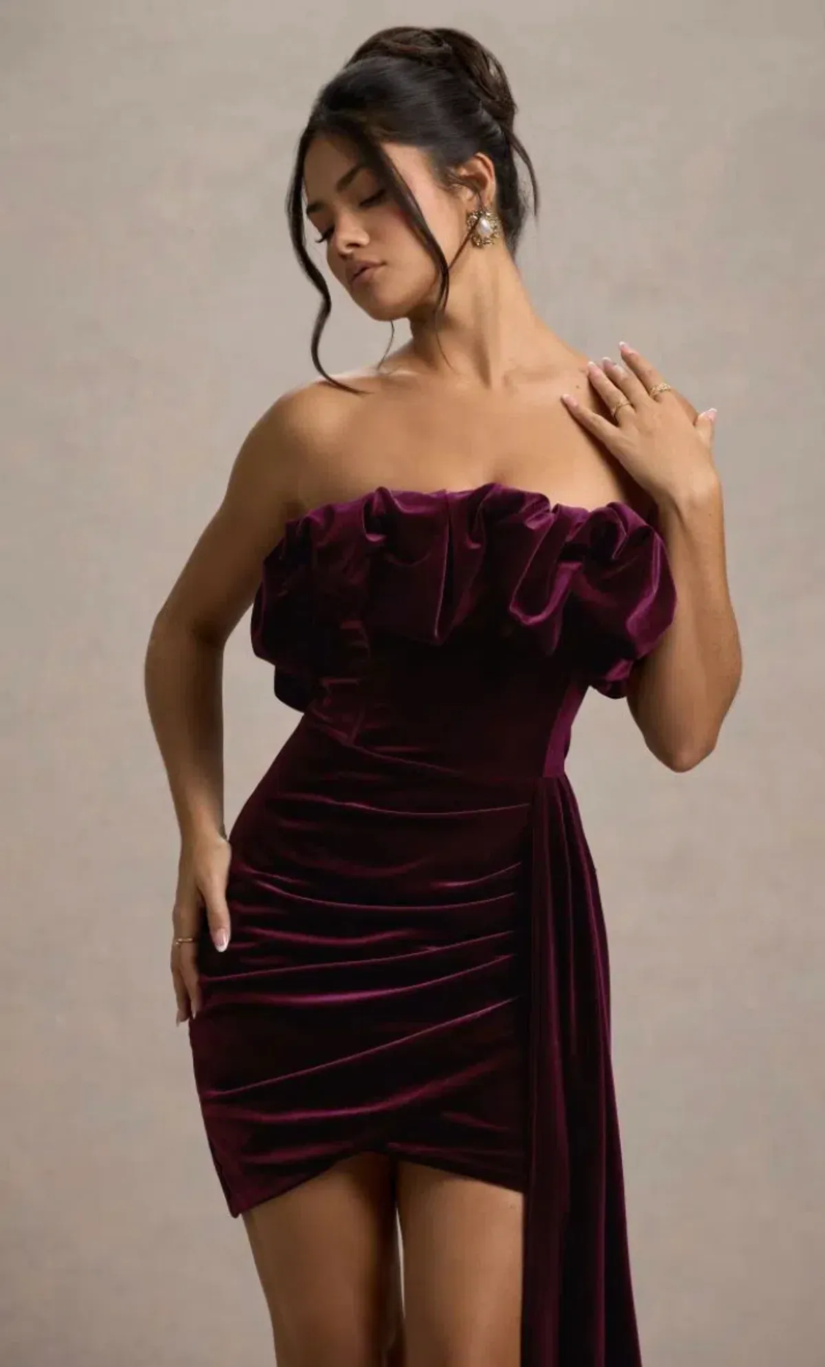 Ceronne Plum Velvet Bandeau Mini Dress With Drape - Image 2