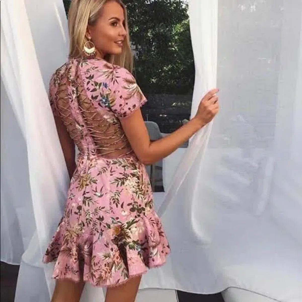 ZIMMERMANN TROPICALE LATTICE MINI DRESS PINK FLORAL | Size 0 AU 8 - Image 1