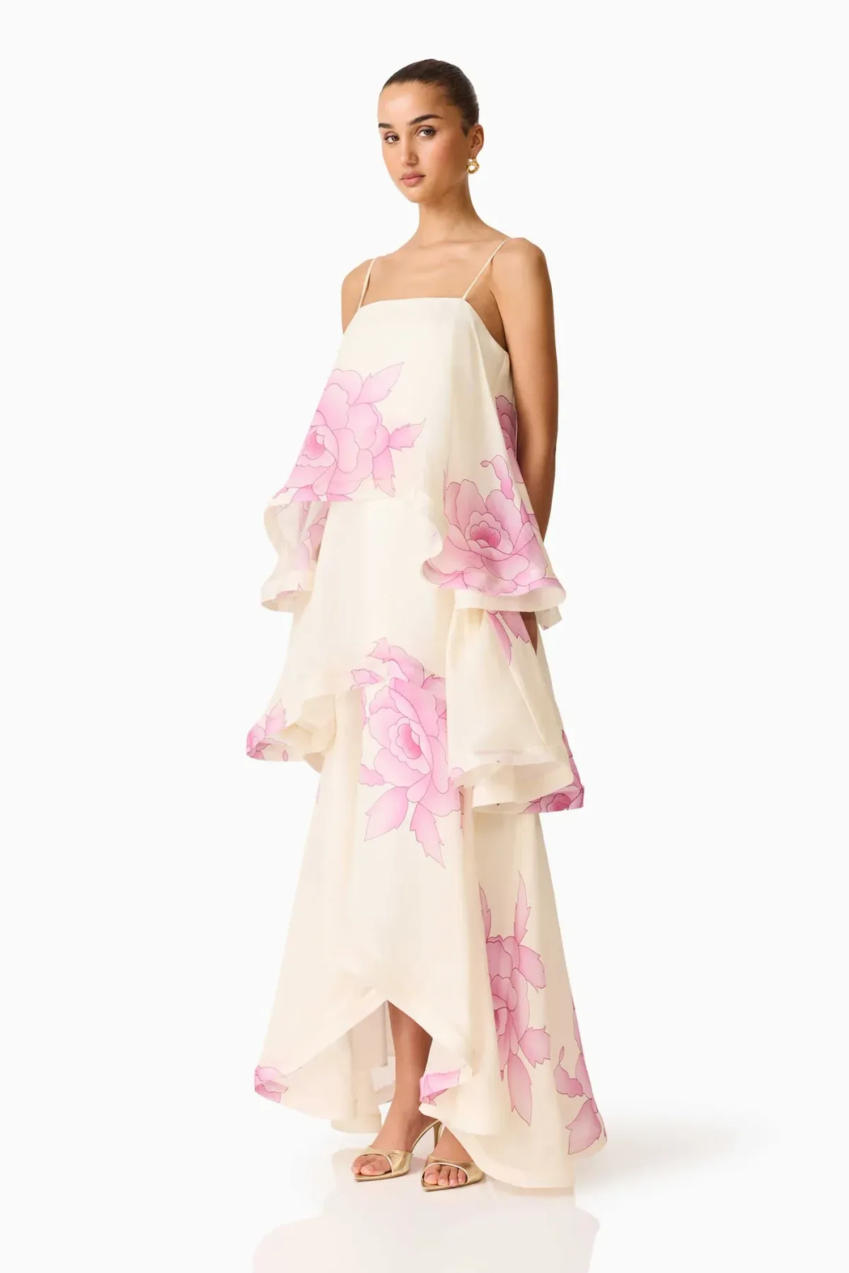ELLIATT Rova Tiered Gown in Cream & Pink Floral - Image 2