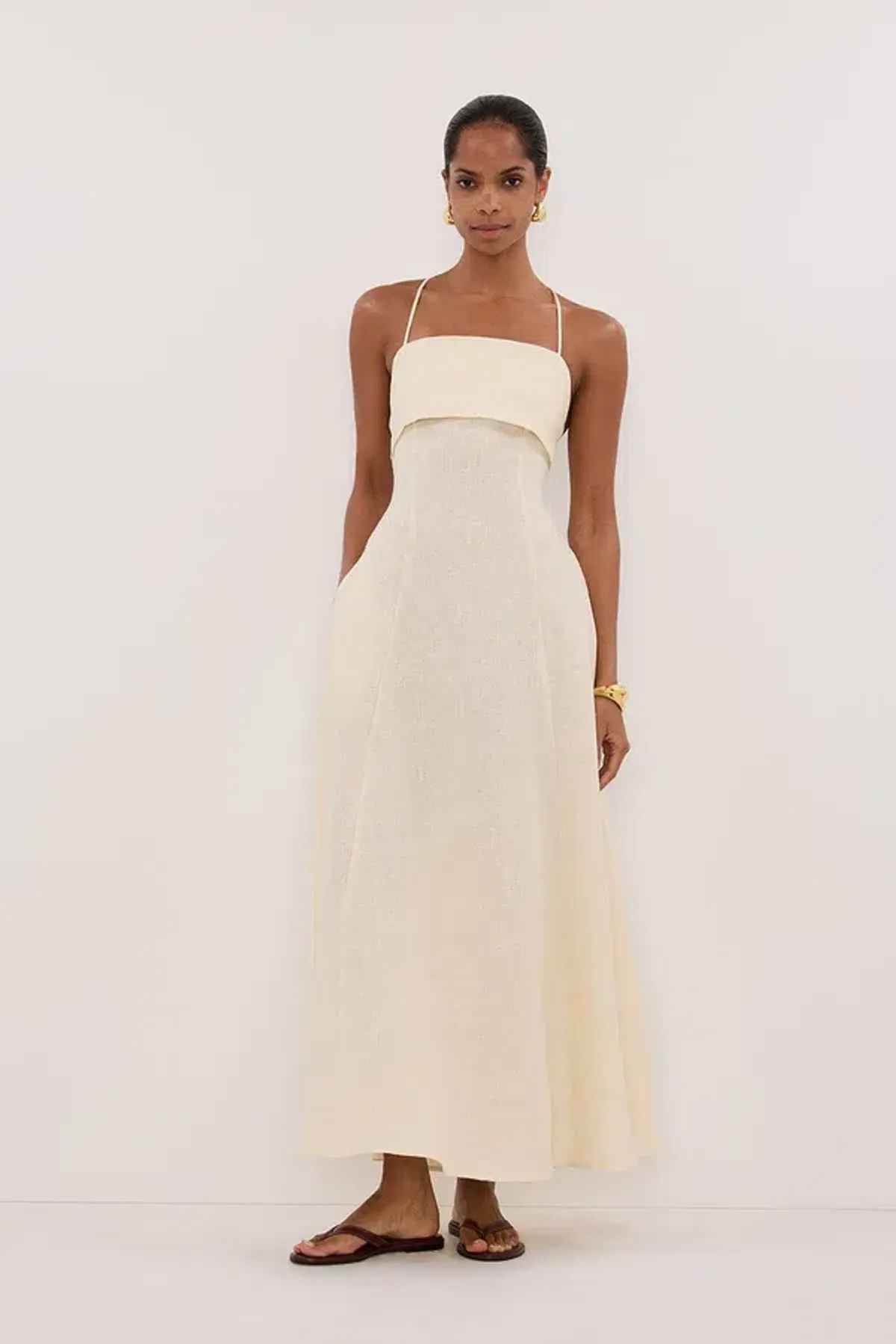 DANIELLA STRAW LINEN TIE BACK MIDI DRESS - Image 1