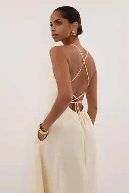 DANIELLA STRAW LINEN TIE BACK MIDI DRESS for rent on The Volte - image 2