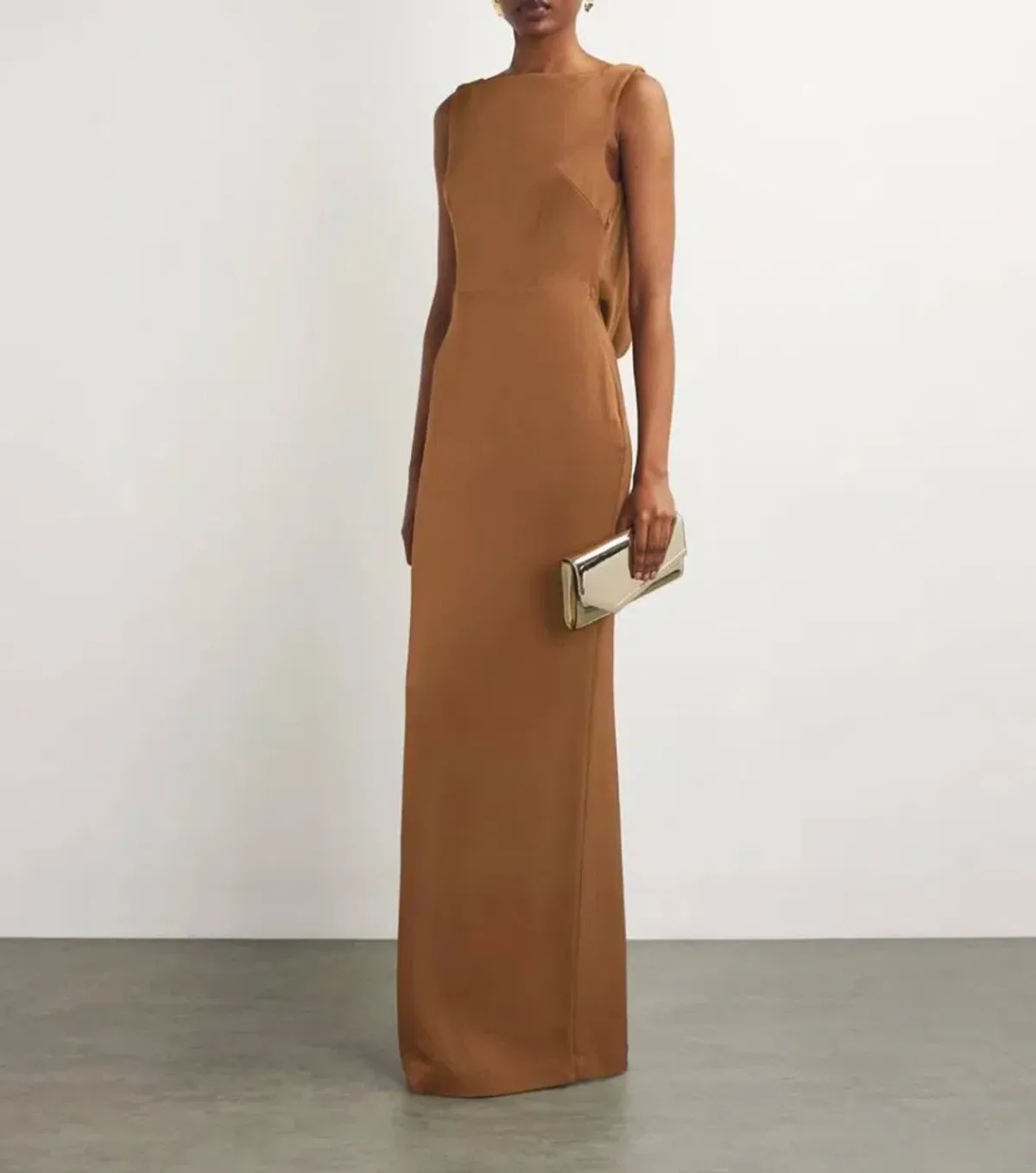 Alex Perry satin crepe draped back maxi dress in brown AU 14 - Image 1