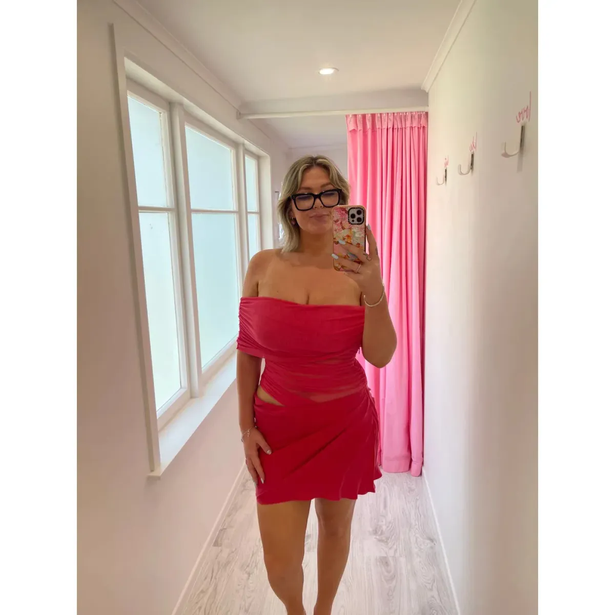 BENNI NICO OFF SHOULDER MINI DRESS IN WATERMELON SIZE 14 - Image 1