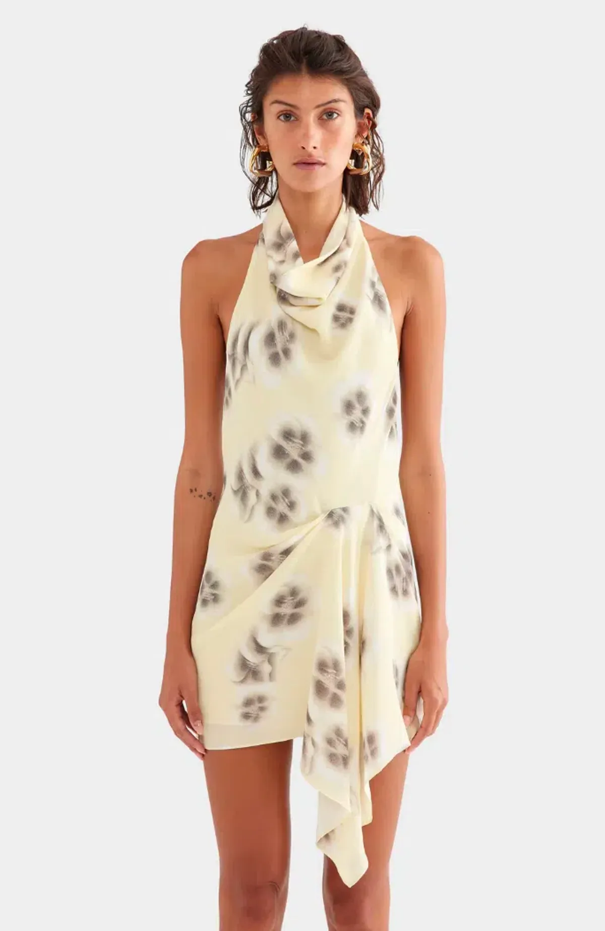 Venroy Draped Halter mini - pale yellow blurred floral - size XS - Image 1