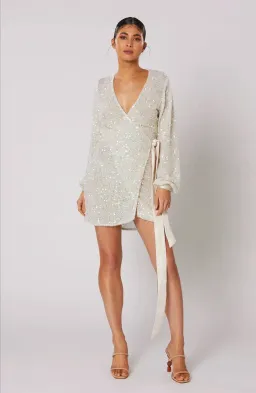 Winona Quinta Mini Wrap Dress Silver Sequin Size AU 8 / S for rent on The Volte - image 1