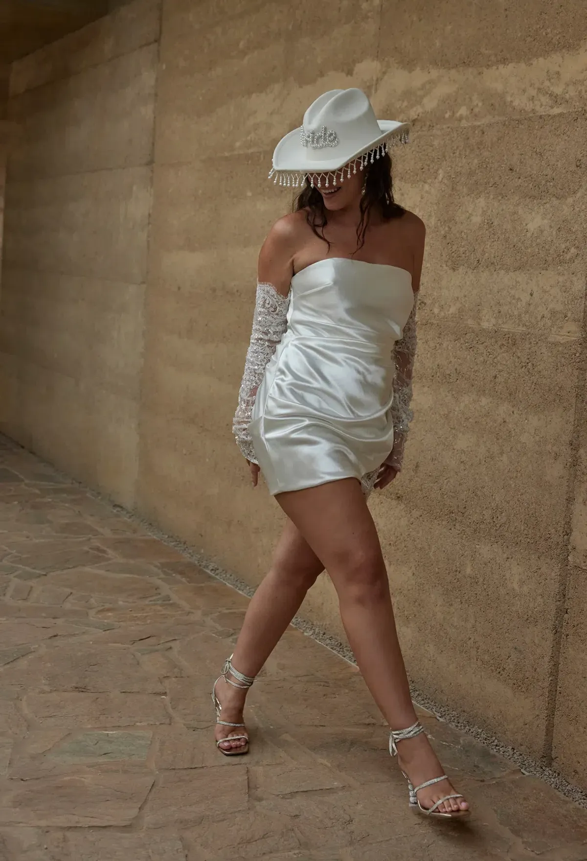GRACE LOVES LACE SATEEN STRAPLESS MINI WEDDING DRESS IN L (FITS AU 12-14 ) | RECEPTION, HEN'S & BACHELORETTE PARTY DRESS - Image 2