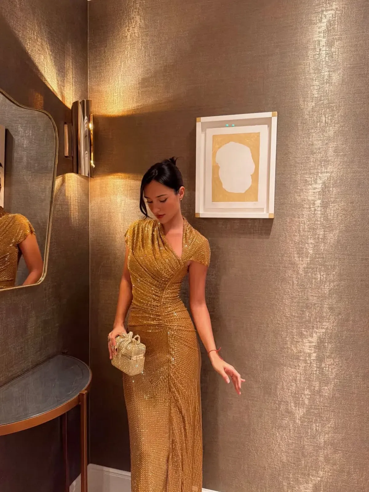 SELF PORTRAIT GOLD RHINESTONE DRAPE MIDI DRESS in Gold UK 4 - Fits AU 6 - Image 1